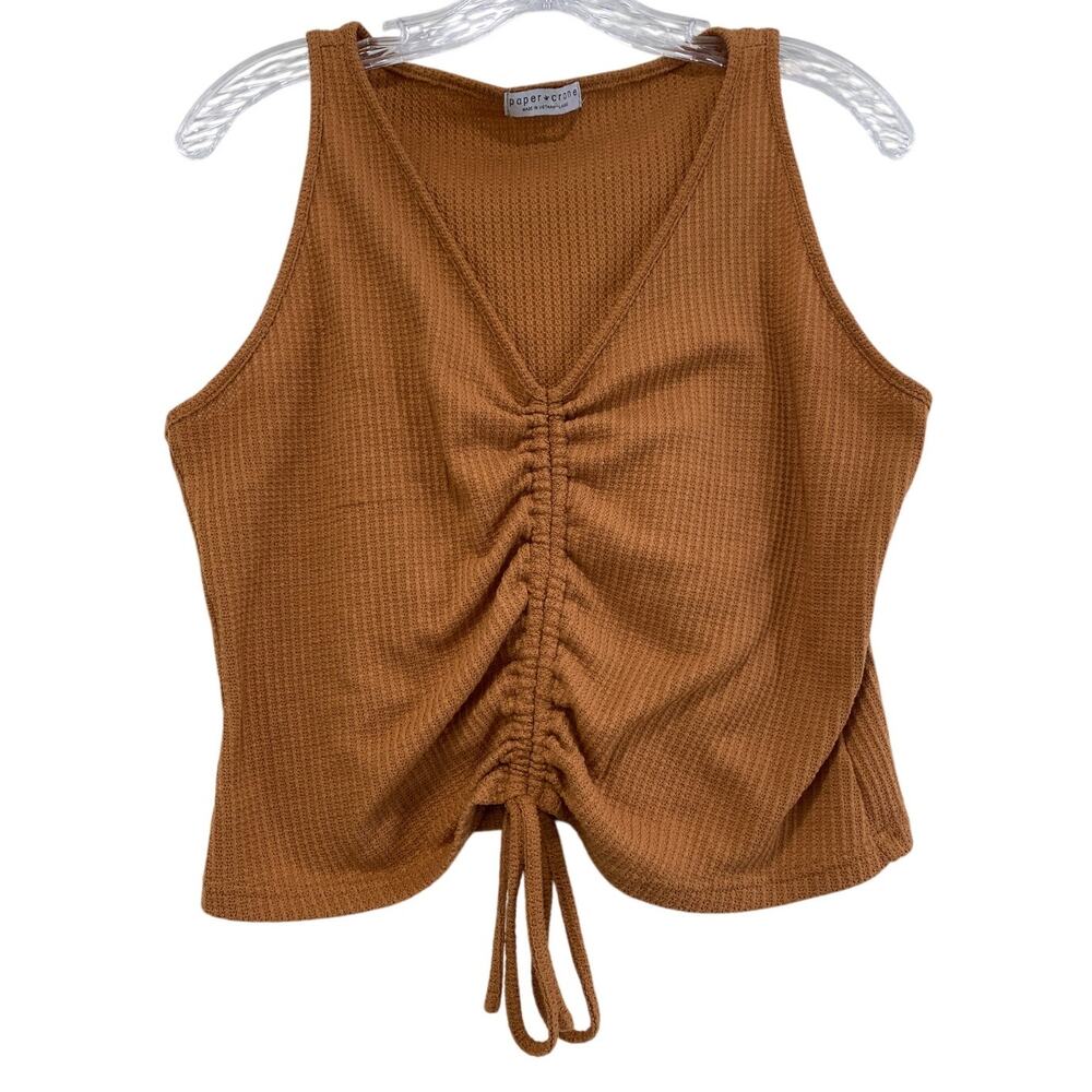 Y2K Paper Crane Waffle Knit Ruched Crop Tank Top Womens Size L Preppy Coquette